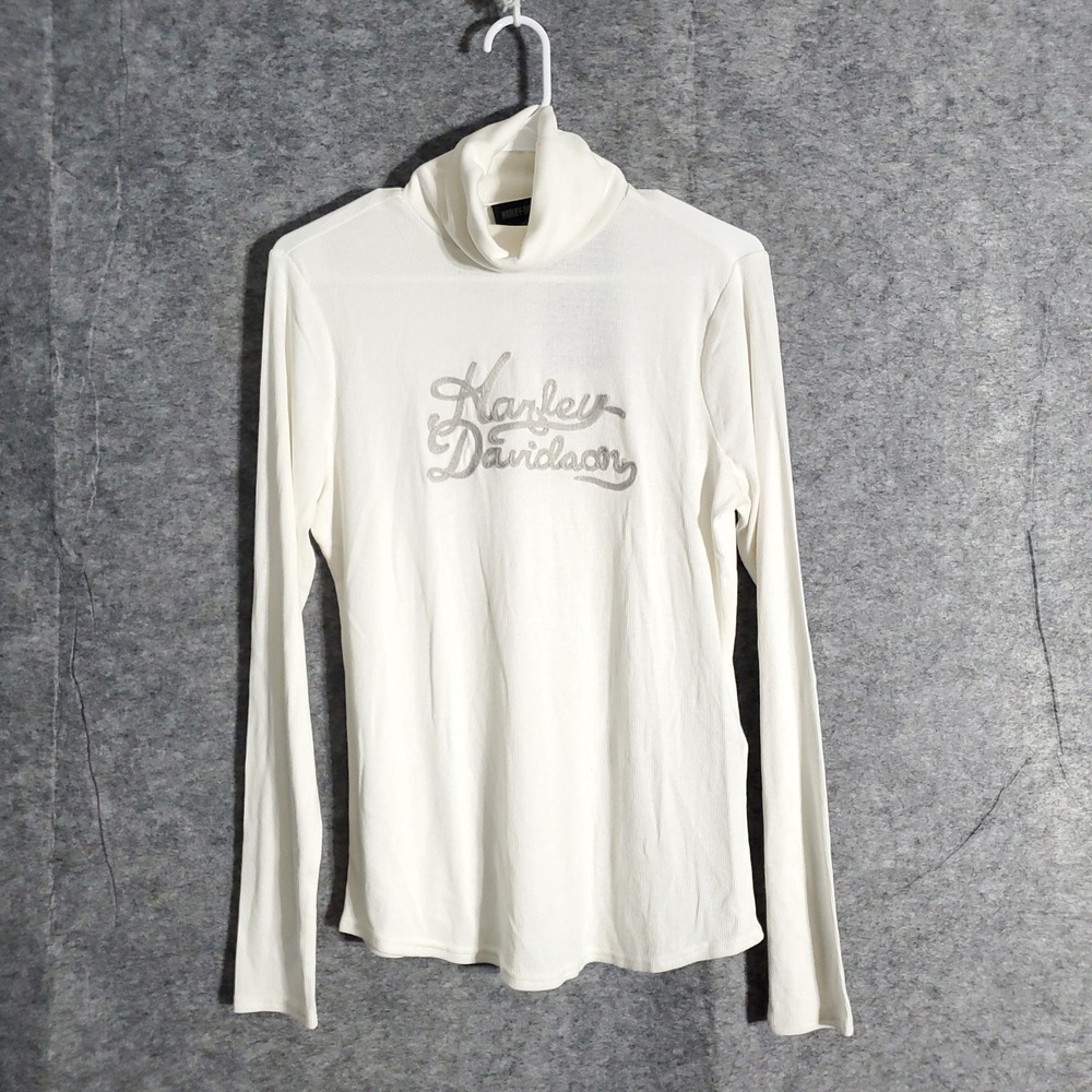 Harley Davidson Turtleneck Shirt Mens Medium White Ribbed Sleeve Motorclothes HD